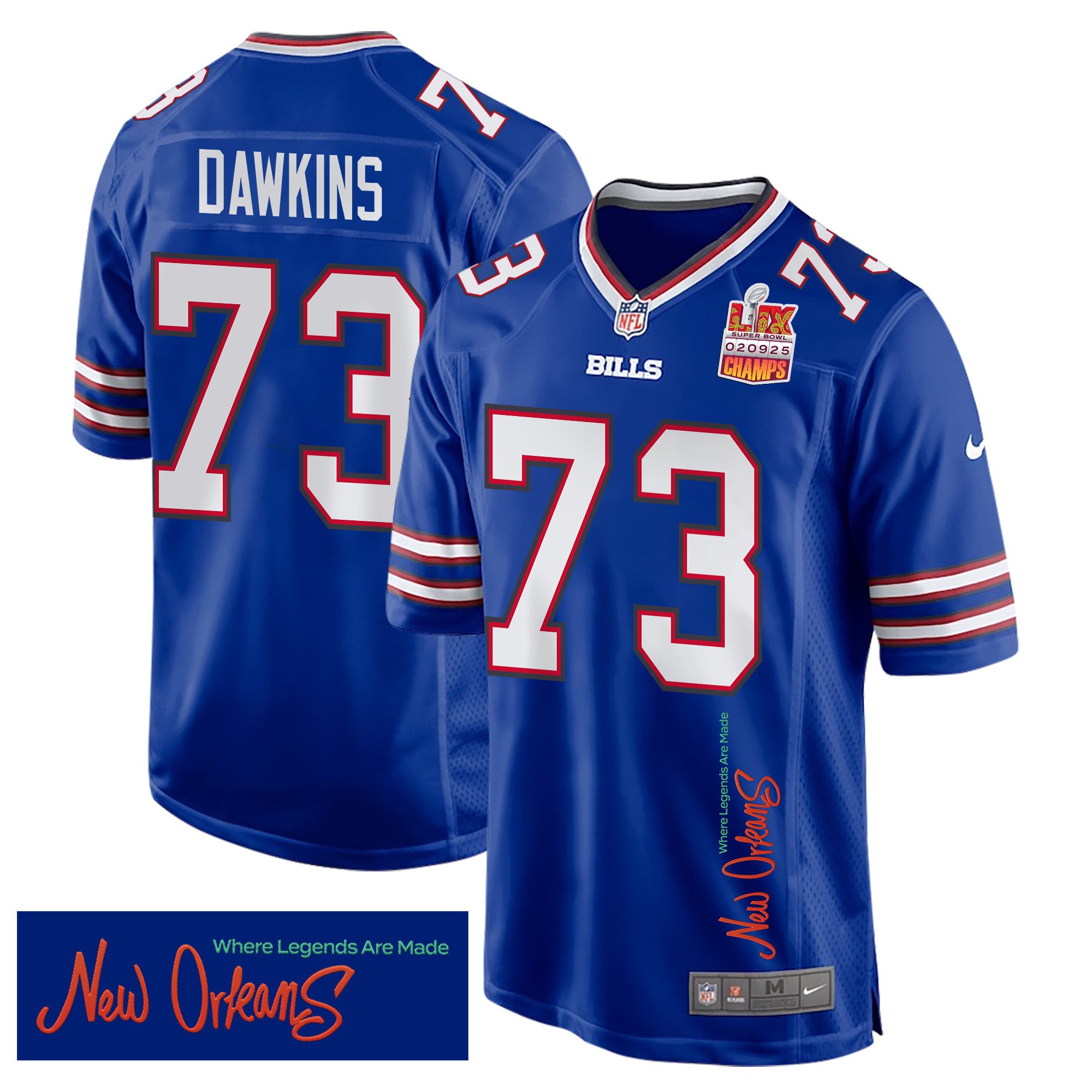 Dion Dawkins 73 Buffalo Bills Super Bowl Lix Champions Patch 'new Orleans - Where Legends Are Made' Embroidered Game Men Jersey - Royal Js8562