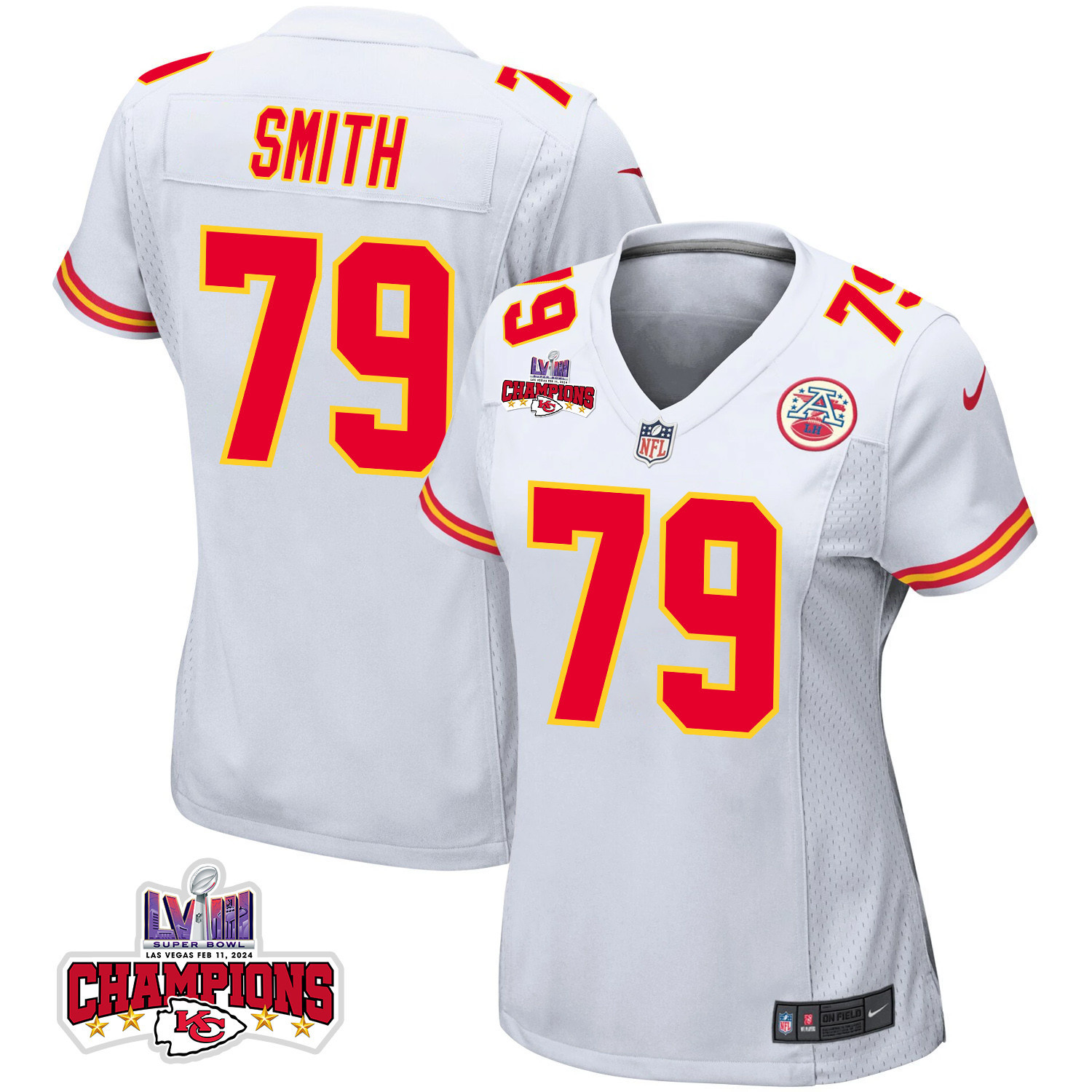 Donovan Smith 79 Kansas City Chiefs Super Bowl Lviii Champions 4 Stars Patch Game Women Jersey - White Js4301
