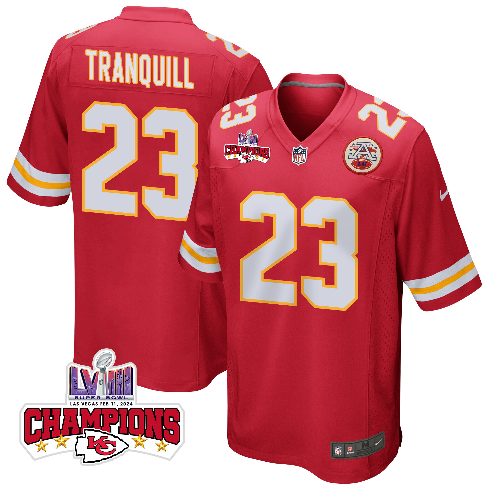 Drue Tranquill 23 Kansas City Chiefs Super Bowl Lviii Champions 4 Stars Patch Game Men Jersey - Red Js3828