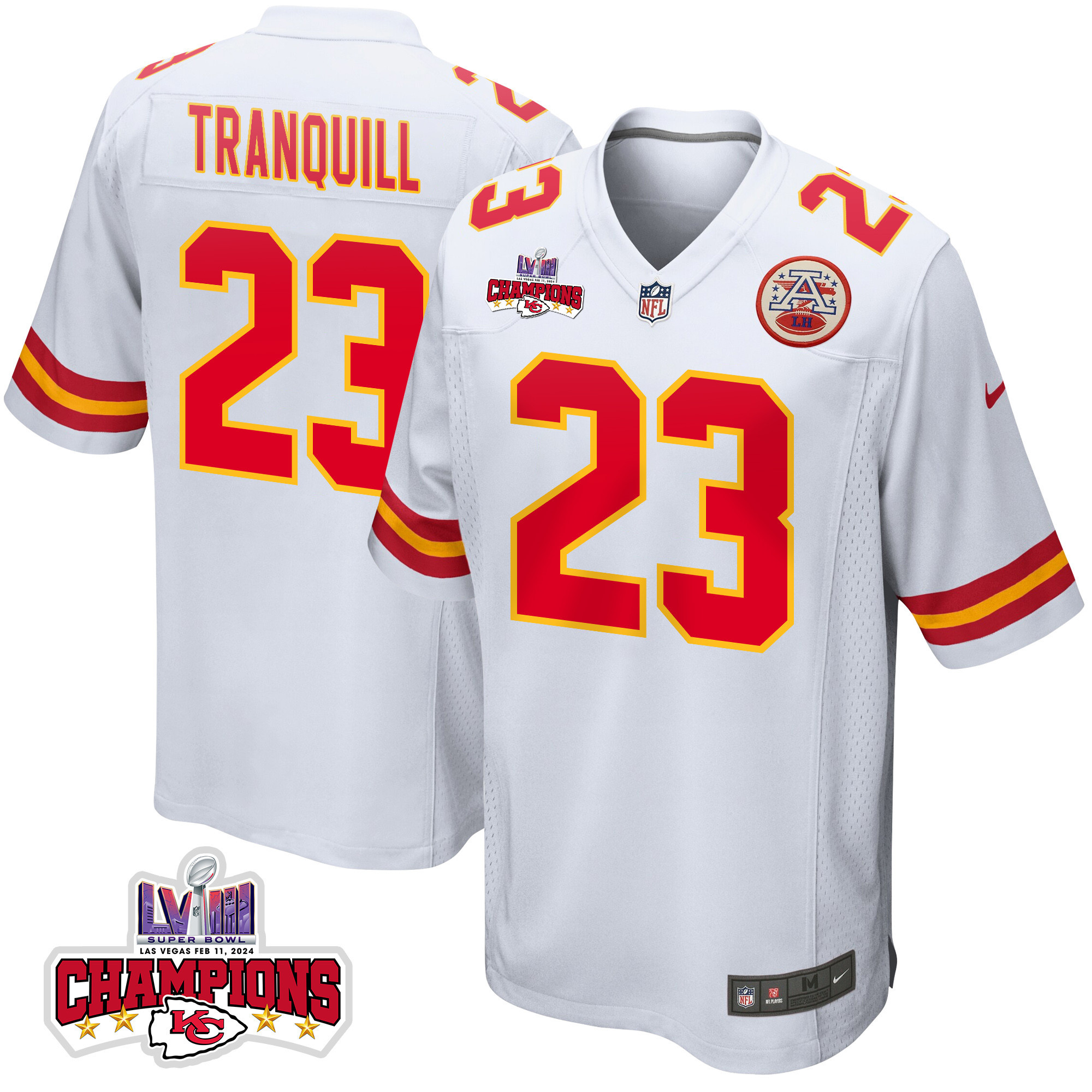 Drue Tranquill 23 Kansas City Chiefs Super Bowl Lviii Champions 4 Stars Patch Game Men Jersey - White Js6586