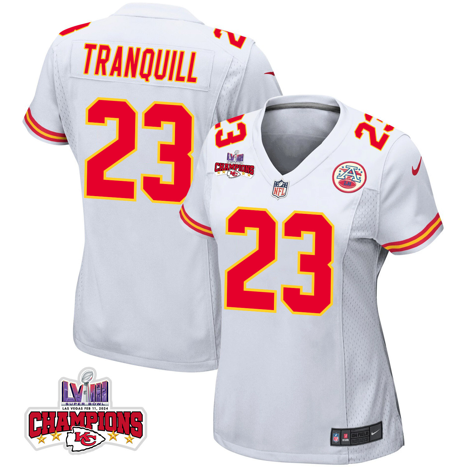 Drue Tranquill 23 Kansas City Chiefs Super Bowl Lviii Champions 4 Stars Patch Game Women Jersey - White Js2366