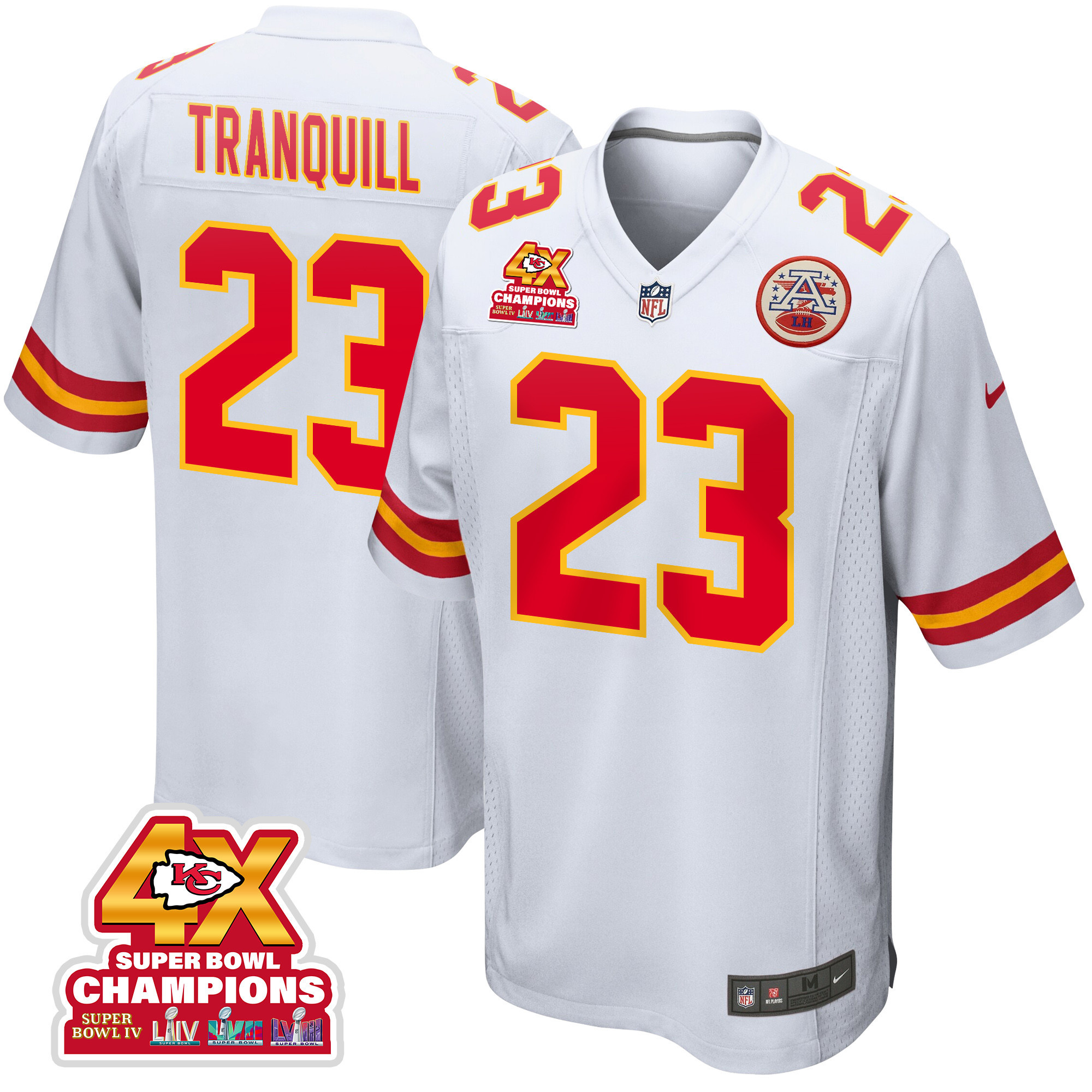 Drue Tranquill 23 Kansas City Chiefs Super Bowl Lviii Champions 4x Game Men Jersey - White Js7299