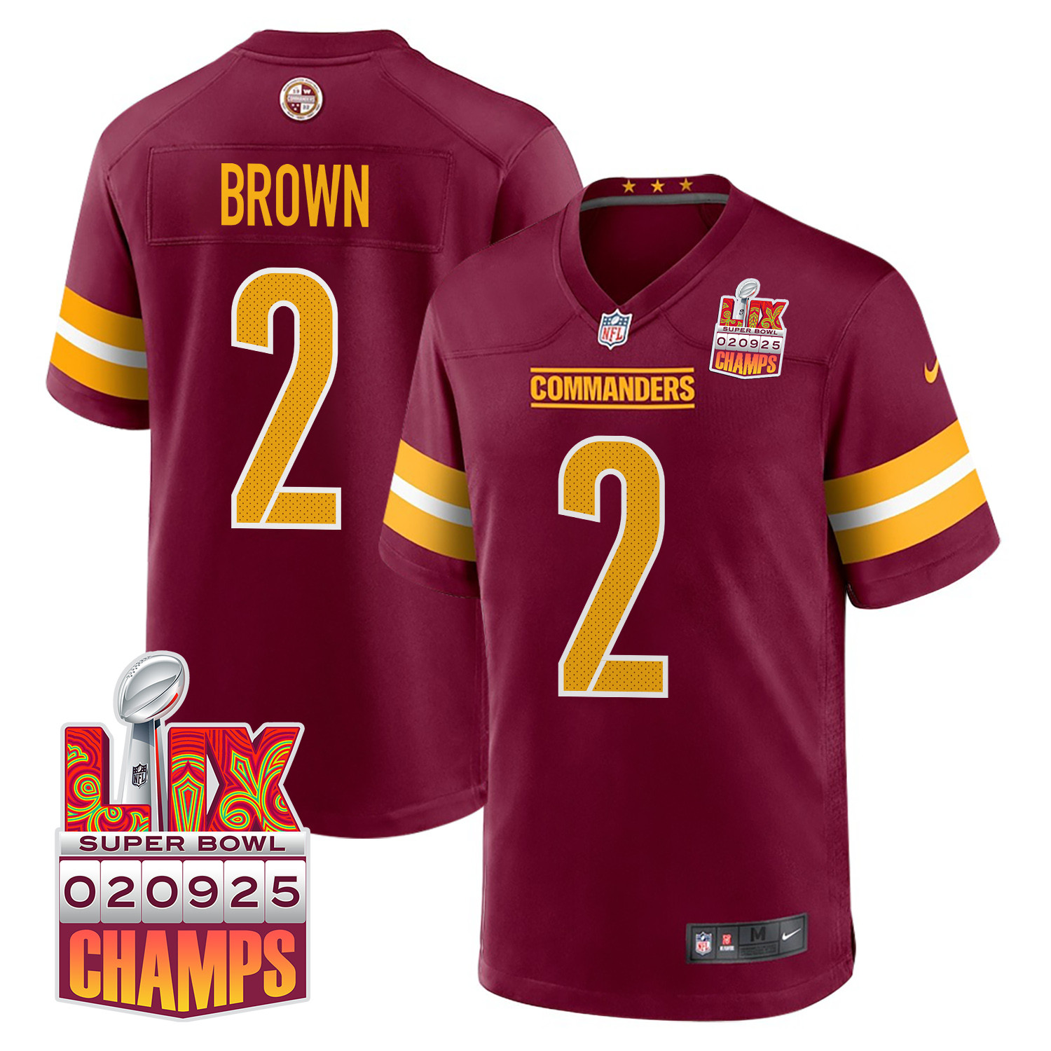 Dyami Brown 2 Washington Commanders Super Bowl Lix Champions Patch Game Men Jersey - Burgundy Js9653