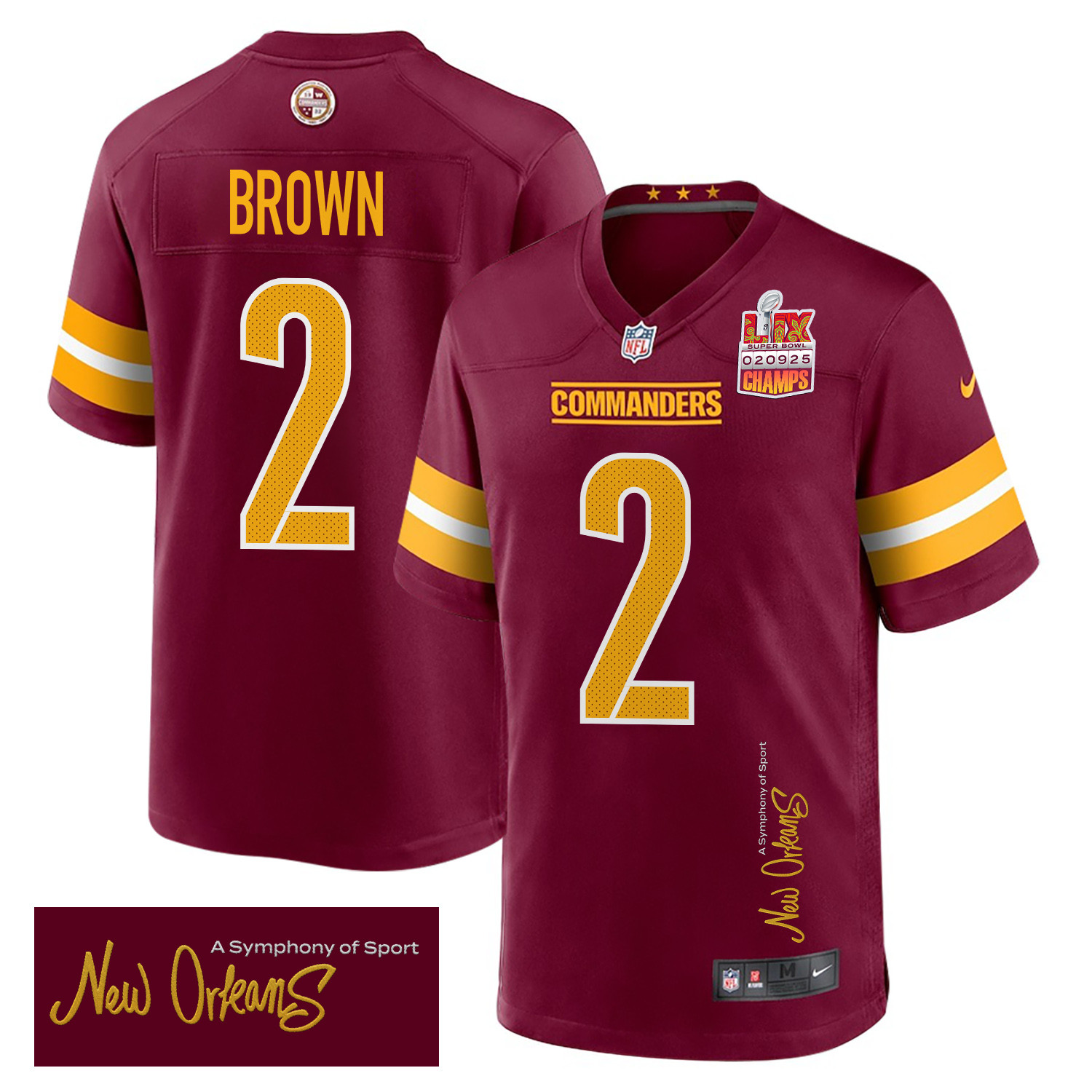 Dyami Brown 2 Washington Commanders Super Bowl Lix Champions Patch 'new Orleans - A Symphony Of Sport' Embroidered Game Men Jersey - Burgundy Js5277
