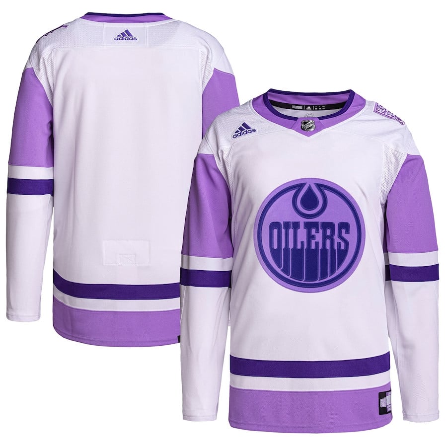 Edmonton Oilers Hockey Fights Cancer Primegreen Men Jersey - White/purple