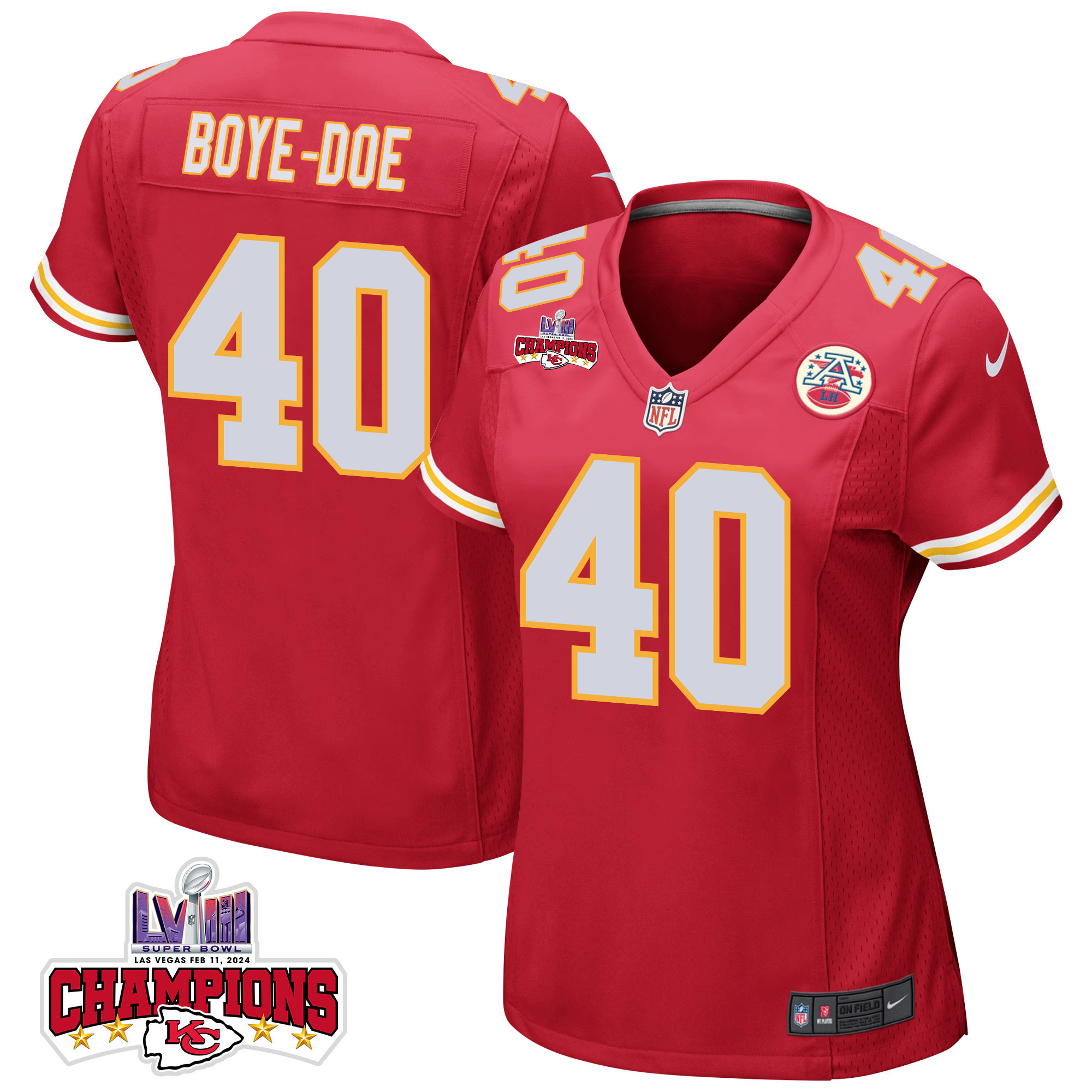 Ekow Boye-doe 40 Kansas City Chiefs Super Bowl Lviii Champions 4 Stars Patch Game Women Jersey - Red Js6351