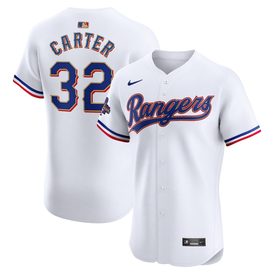 Evan Carter 32 Texas Rangers 2024 Gold Collection Elite Player Jersey - White