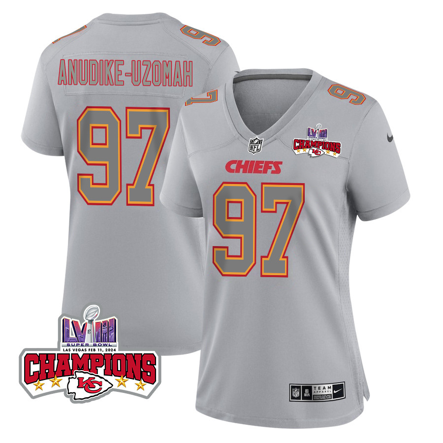 Felix Anudike-uzomah 97 Kansas City Chiefs Super Bowl Lviii Champions 4 Stars Patch Atmosphere Fashion Game Women Jersey - Gray Js6881