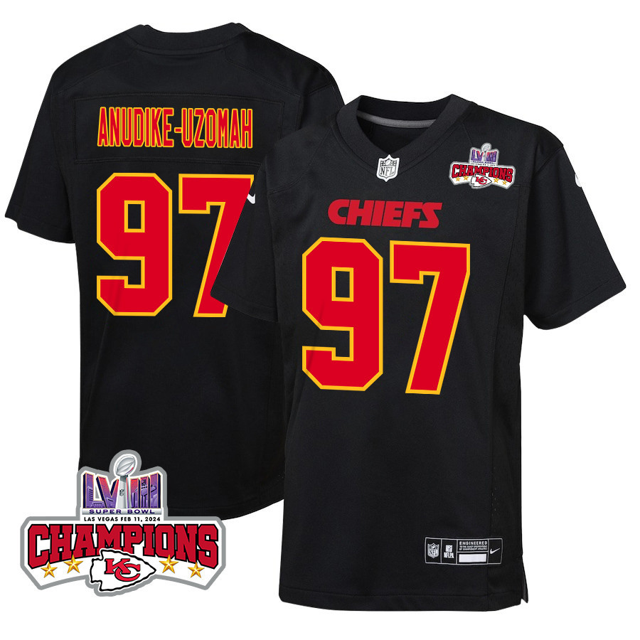 Felix Anudike-uzomah 97 Kansas City Chiefs Super Bowl Lviii Champions 4 Stars Patch Fashion Game Youth Jersey - Carbon Black Js9763