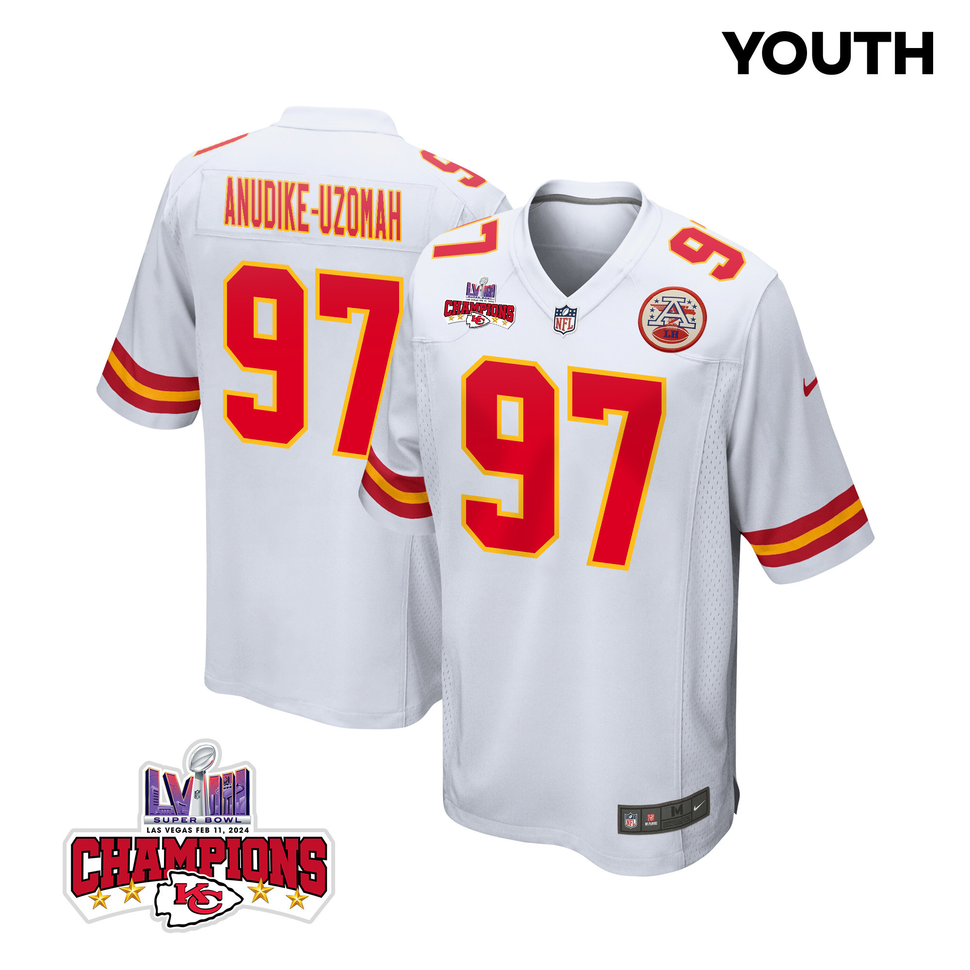 Felix Anudike-uzomah 97 Kansas City Chiefs Super Bowl Lviii Champions 4 Stars Patch Game Youth Jersey - White Js2954