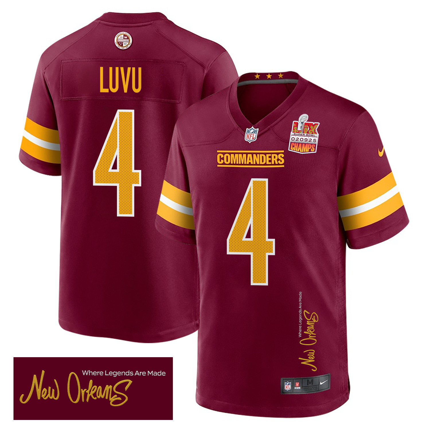 Frankie Luvu 4 Washington Commanders Super Bowl Lix Champions Patch 'new Orleans - Where Legends Are Made' Embroidered Game Men Jersey - Burgundy Js4017