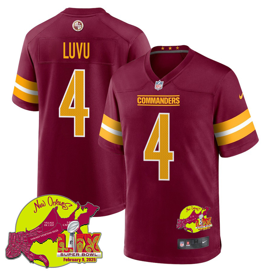 Frankie Luvu 4 Washington Commanders Super Bowl Lix New Orleans Patch Game Men Jersey - Burgundy Js7273