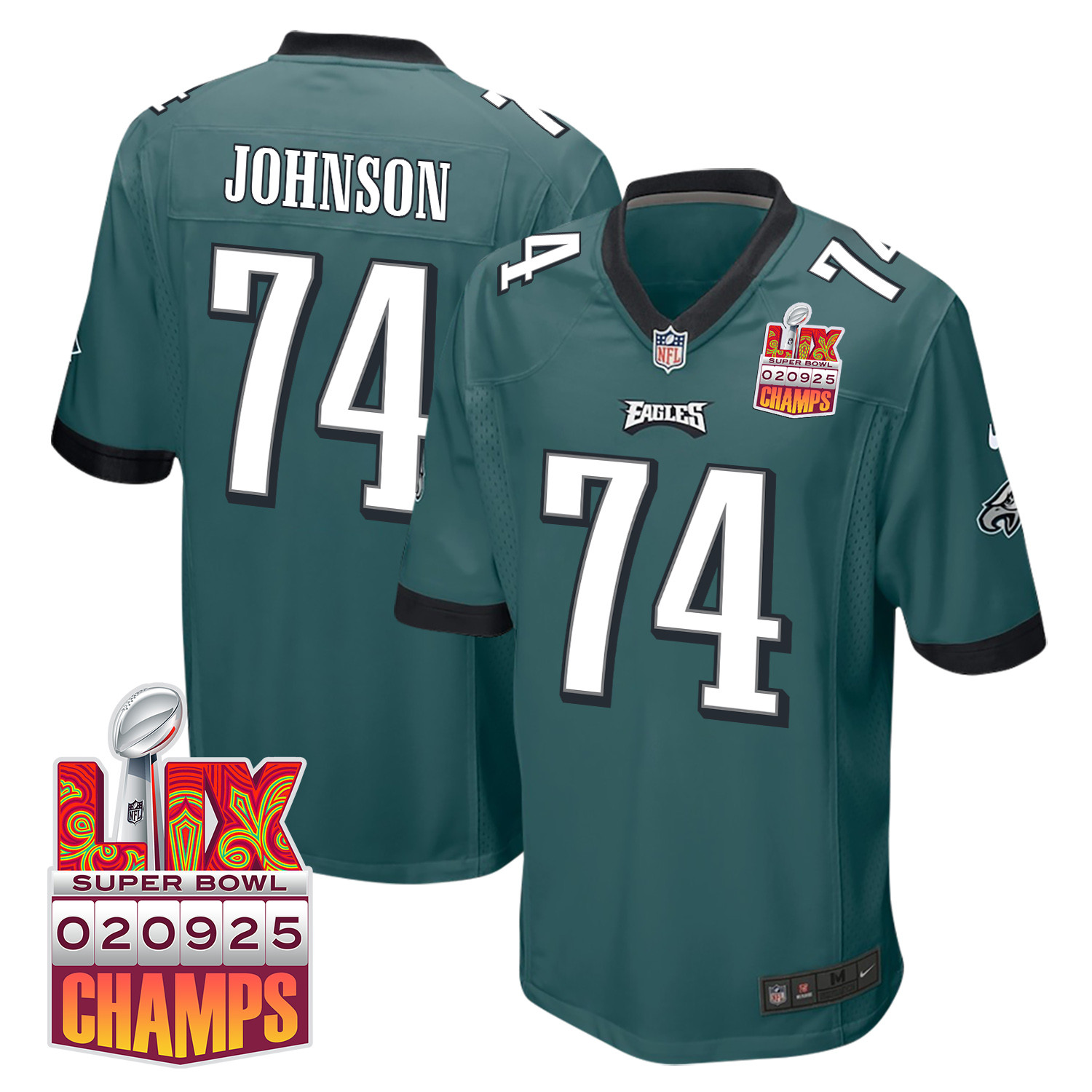 Fred Johnson 74 Philadelphia Eagles Super Bowl Lix Champions Patch Game Men Jersey - Midnight Green Js3704