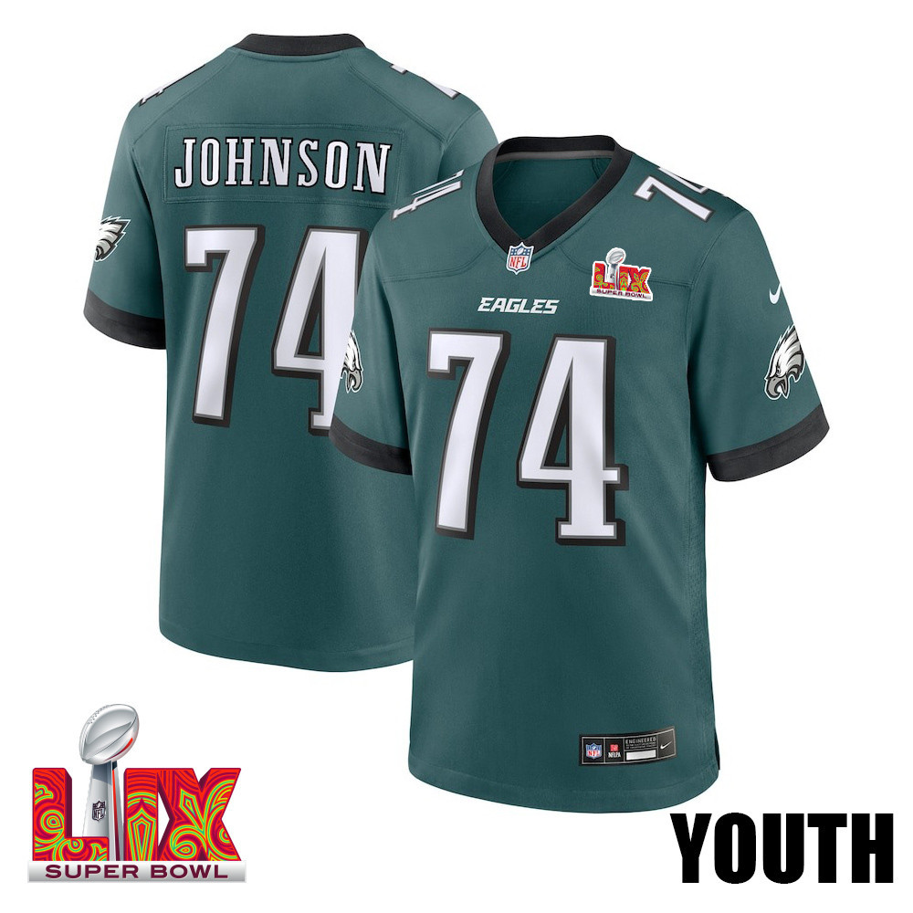 Fred Johnson #74 Philadelphia Eagles Super Bowl Lix Youth Jersey - Midnight Green Js9384