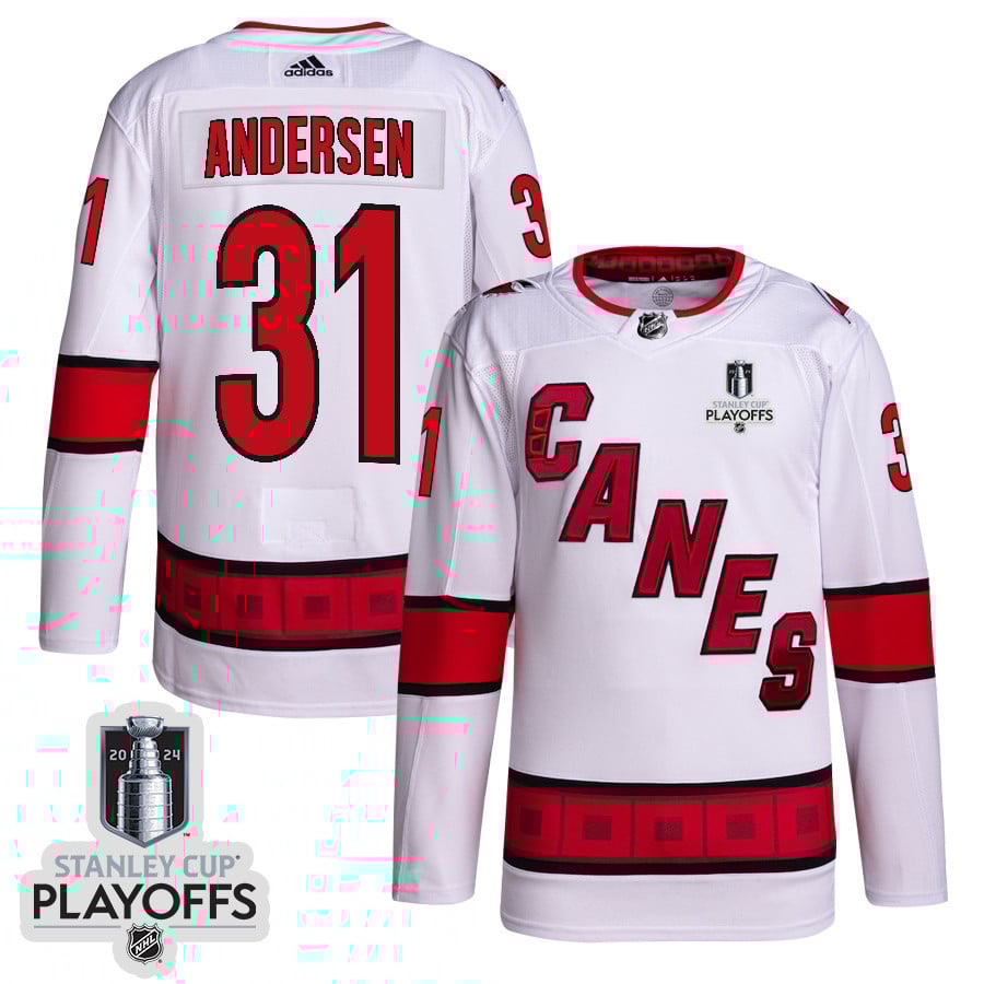 Frederik Andersen 31 Carolina Hurricanes 2024 Nhl Playoffs Patch Away Jersey - Men, White