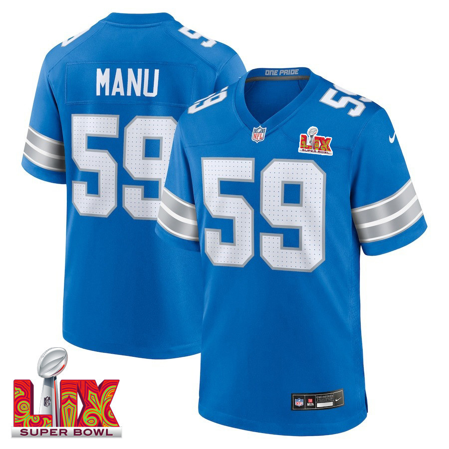 Giovanni Manu #59 Detroit Lions Super Bowl Lix Jersey - Men's - Blue Js3821
