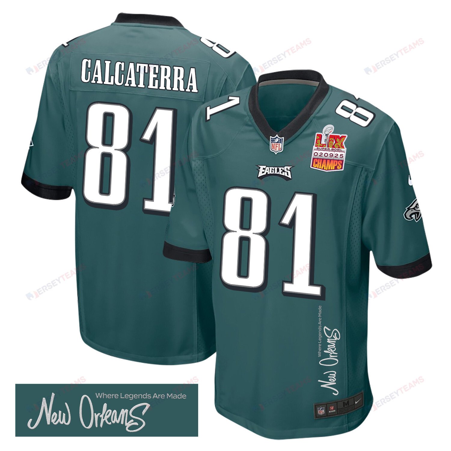 Grant Calcaterra 81 Philadelphia Eagles Super Bowl Lix Champions Patch 'new Orleans - Where Legends Are Made' Embroidered Game Men Jersey - Midnight Green Js5260