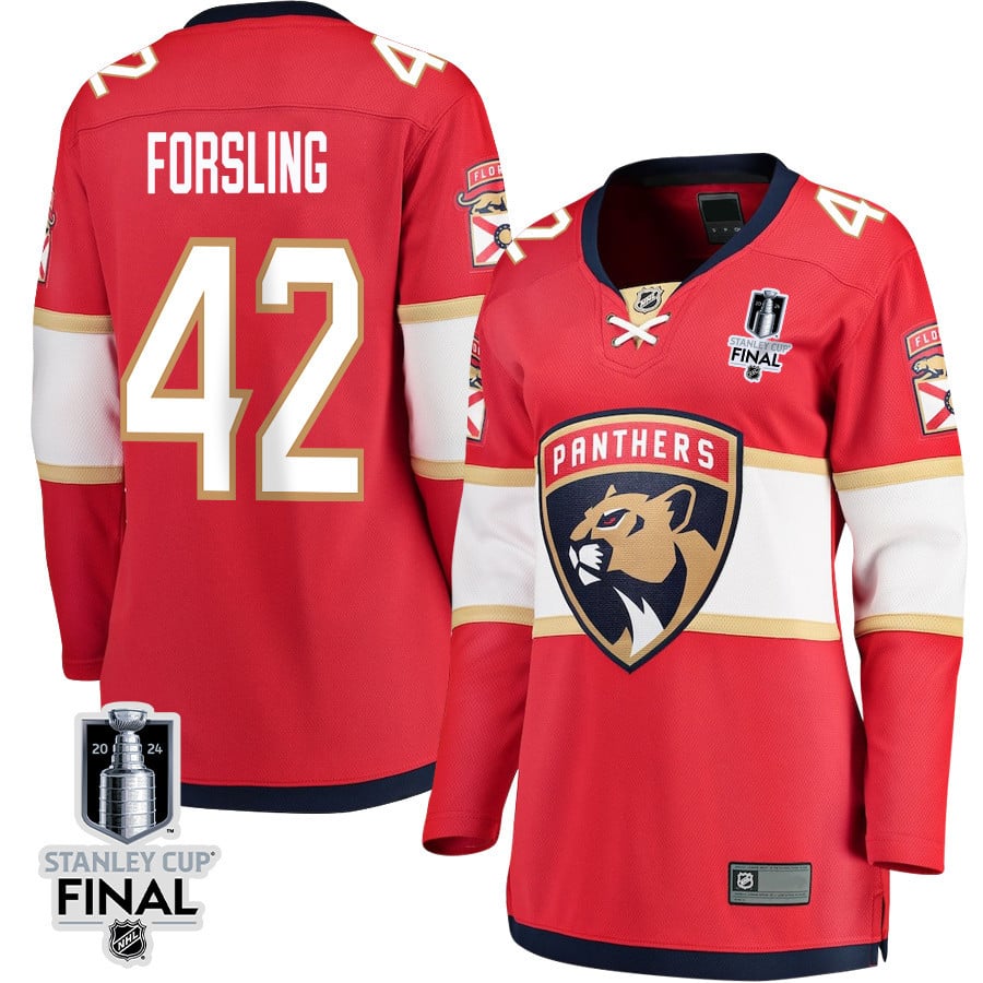 Gustav Forsling 42 Florida Panthers 2024 Stanley Cup Final Women's Home Breakaway Jersey - Red