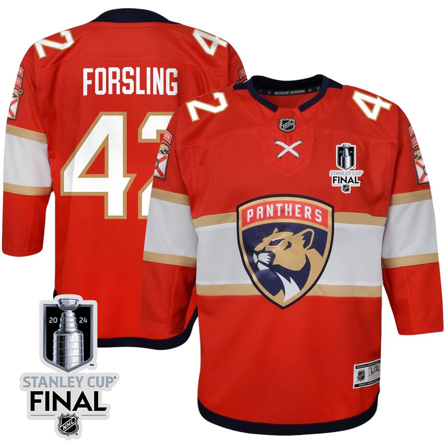 Gustav Forsling 42 Florida Panthers 2024 Stanley Cup Final Youth Home Breakaway Jersey - Red