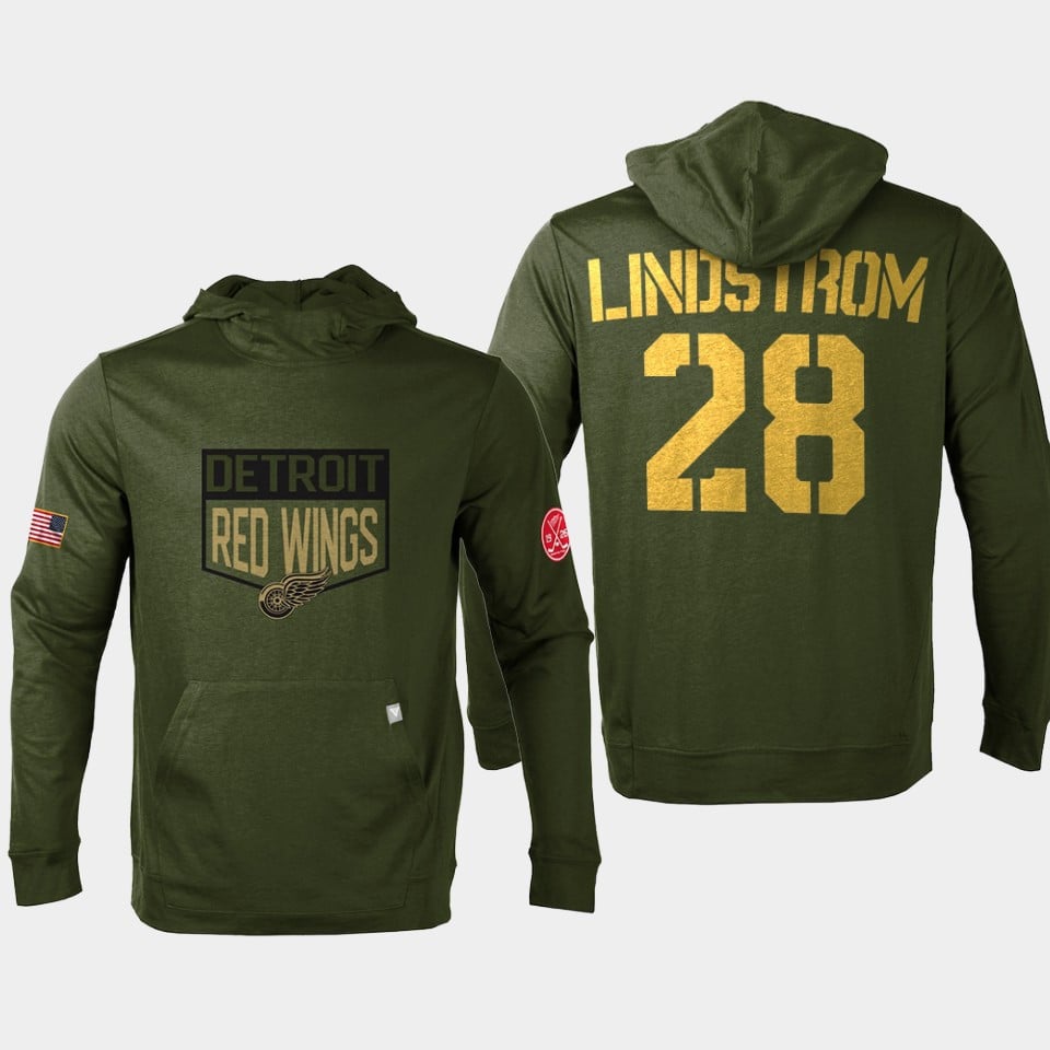 Gustav Lindstrom 28 Detroit Red Wings 2022 Salute To Service Men's Pullover Hoodie Olive
