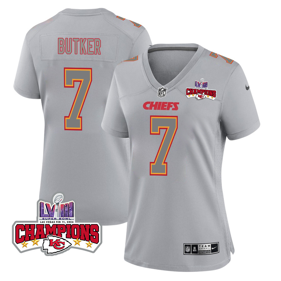 Harrison Butker 7 Kansas City Chiefs Super Bowl Lviii Champions 4 Stars Patch Atmosphere Fashion Game Women Jersey - Gray Js9561