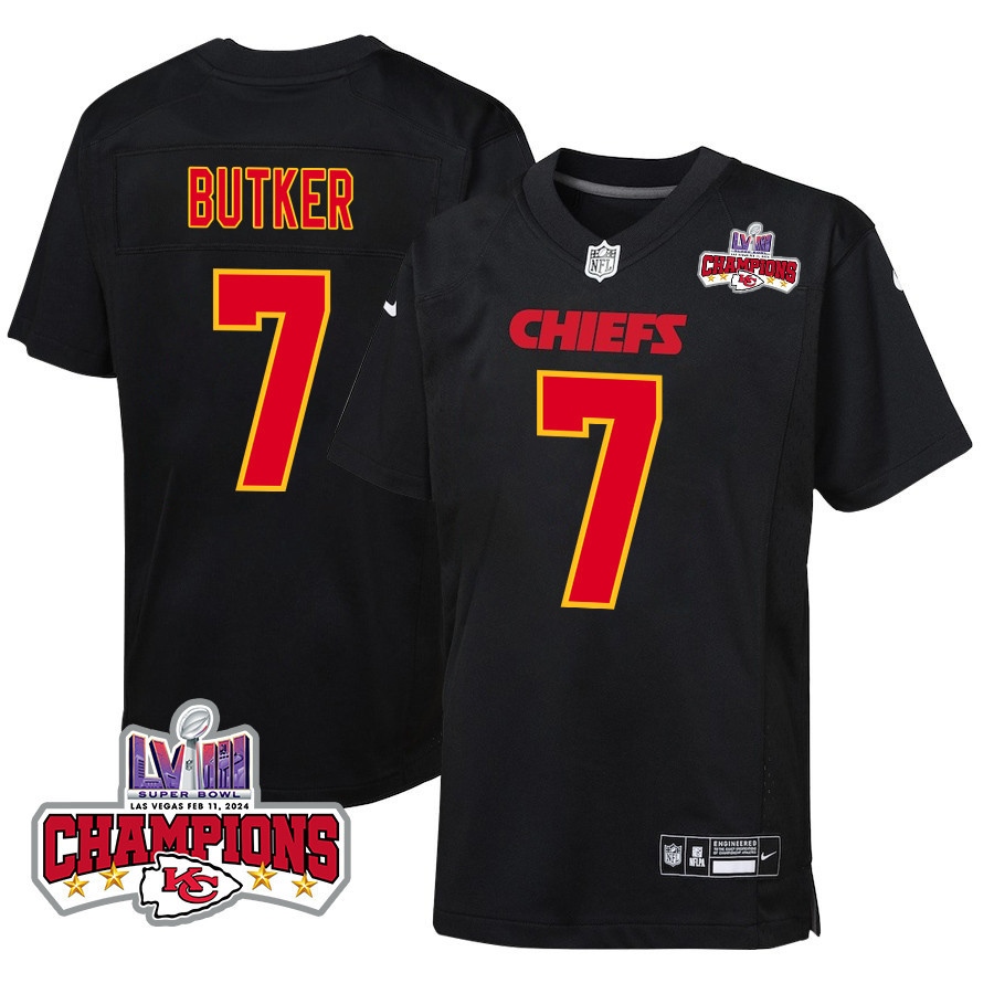 Harrison Butker 7 Kansas City Chiefs Super Bowl Lviii Champions 4 Stars Patch Fashion Game Youth Jersey - Carbon Black Js7276