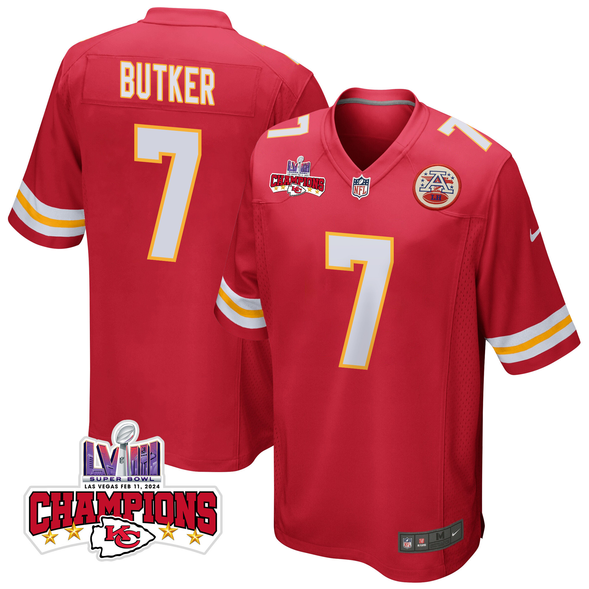 Harrison Butker 7 Kansas City Chiefs Super Bowl Lviii Champions 4 Stars Patch Game Men Jersey - Red Js7124
