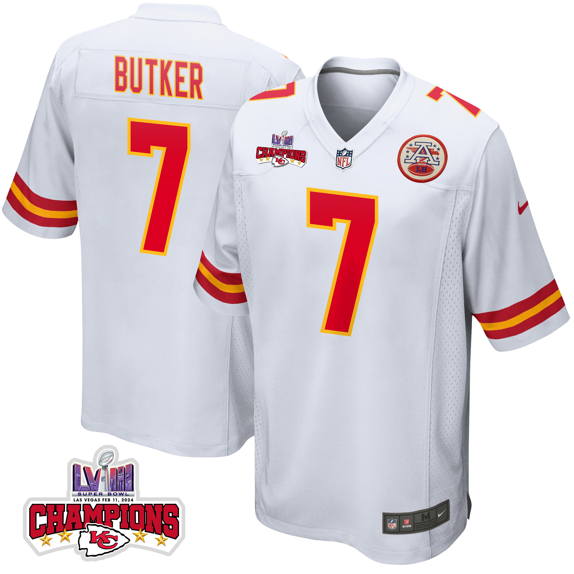 Harrison Butker 7 Kansas City Chiefs Super Bowl Lviii Champions 4 Stars Patch Game Men Jersey - White Js6931
