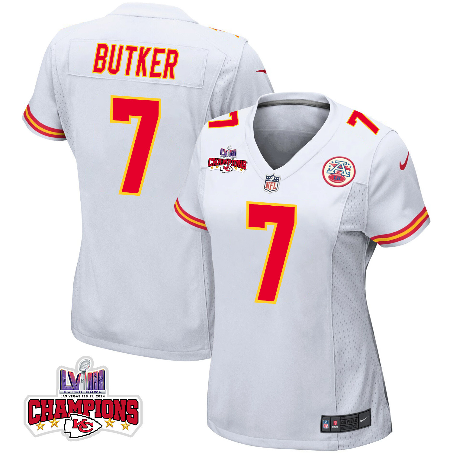 Harrison Butker 7 Kansas City Chiefs Super Bowl Lviii Champions 4 Stars Patch Game Women Jersey - White Js4521