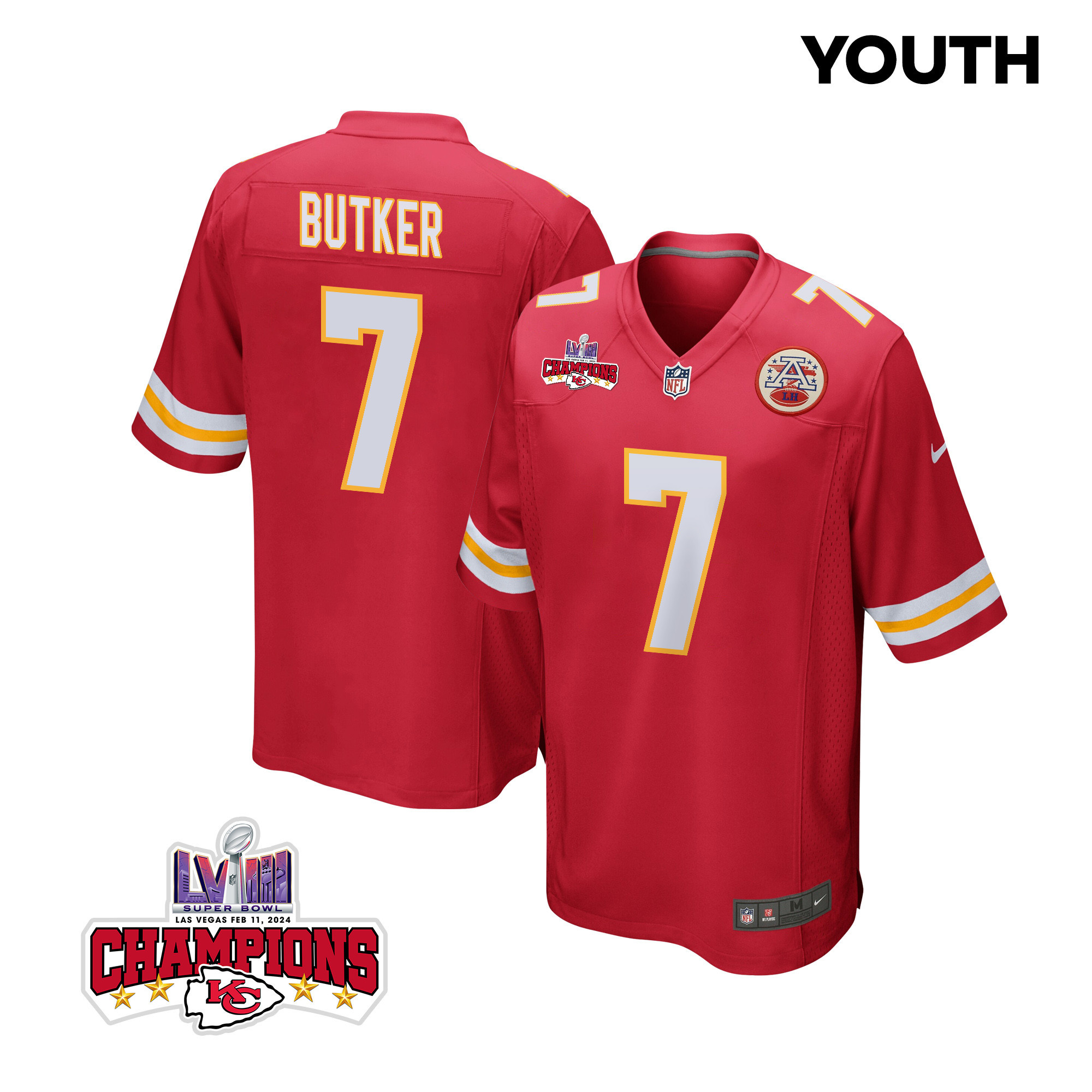Harrison Butker 7 Kansas City Chiefs Super Bowl Lviii Champions 4 Stars Patch Game Youth Jersey - Red Js7703