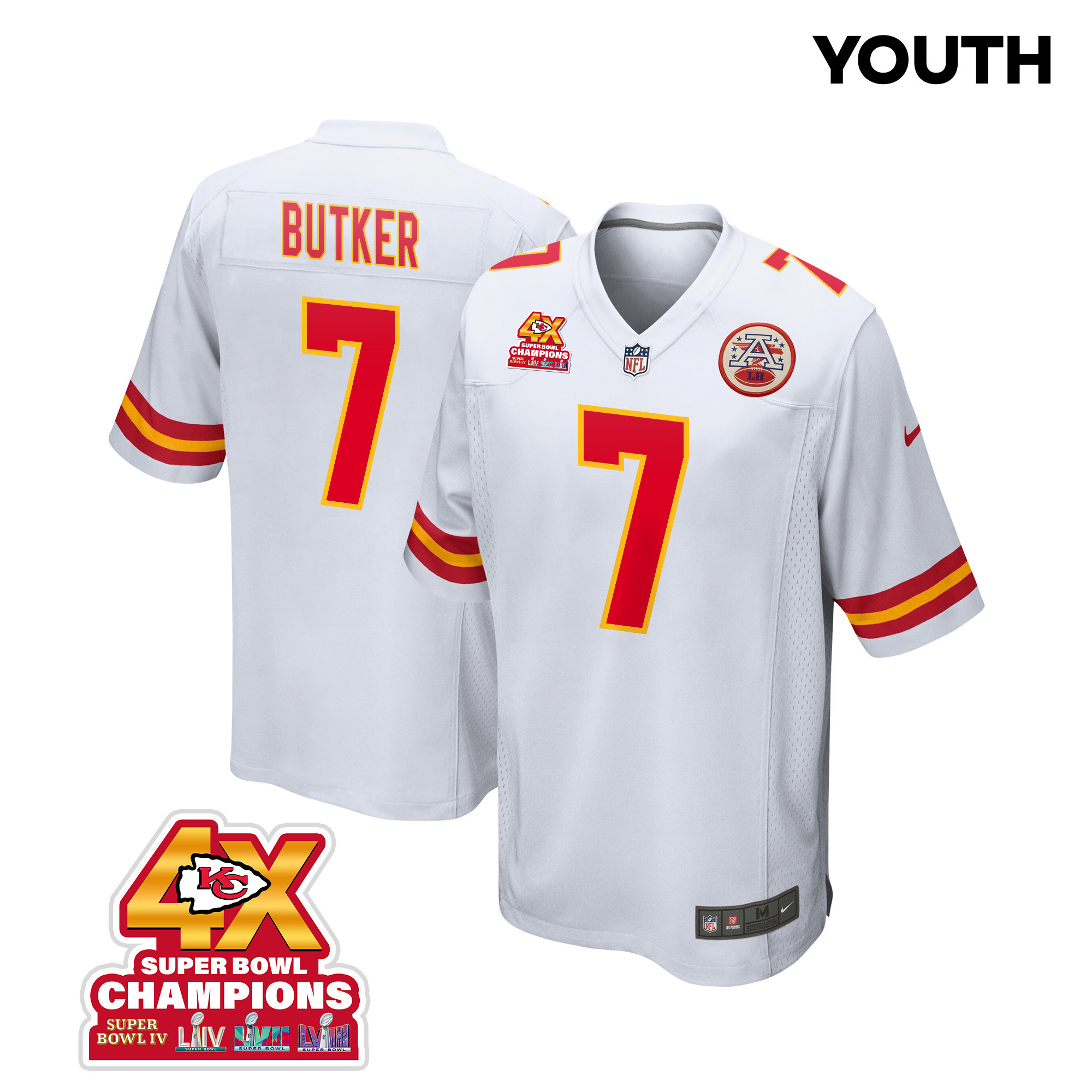 Harrison Butker 7 Kansas City Chiefs Super Bowl Lviii Champions 4x Game Youth Jersey - White Js1860