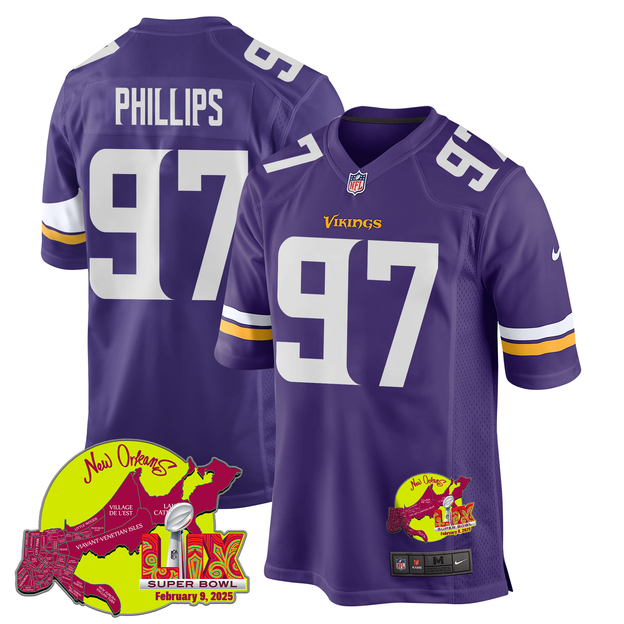 Harrison Phillips 97 Minnesota Vikings Super Bowl Lix New Orleans Patch Game Men Jersey - Purple Js9542