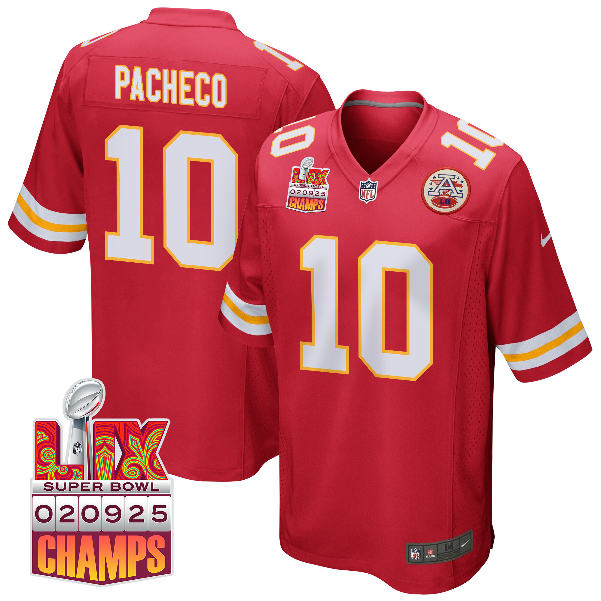 Isiah Pacheco 10 Kansas City Chiefs Super Bowl Lix Champions Patch Game Men Jersey - Red Js4983