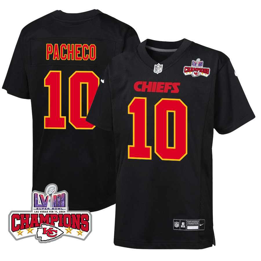 Isiah Pacheco 10 Kansas City Chiefs Super Bowl Lviii Champions 4 Stars Patch Fashion Game Youth Jersey - Carbon Black Js5716