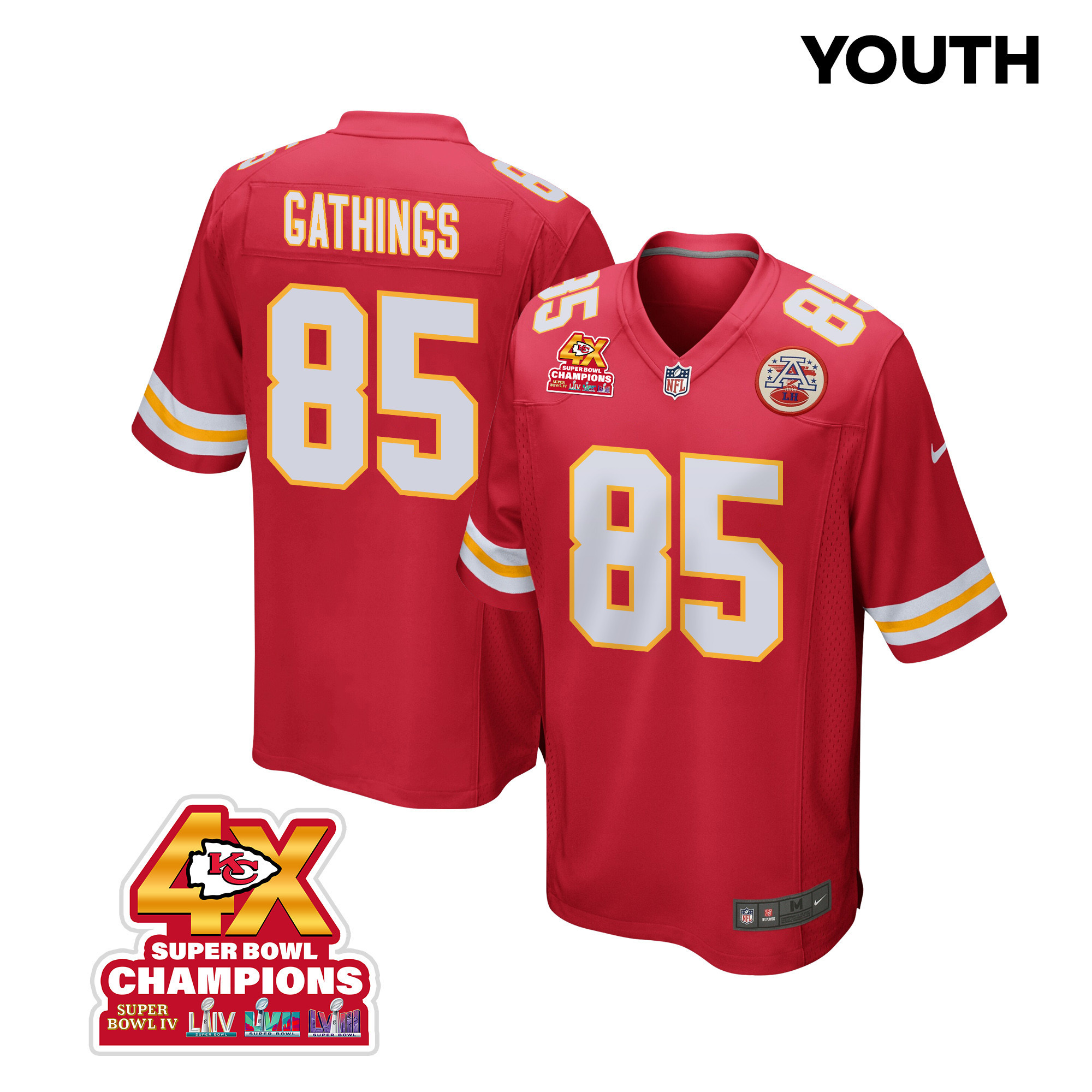 Izaiah Gathings 85 Kansas City Chiefs Super Bowl Lviii Champions 4x Game Youth Jersey - Red Js3127