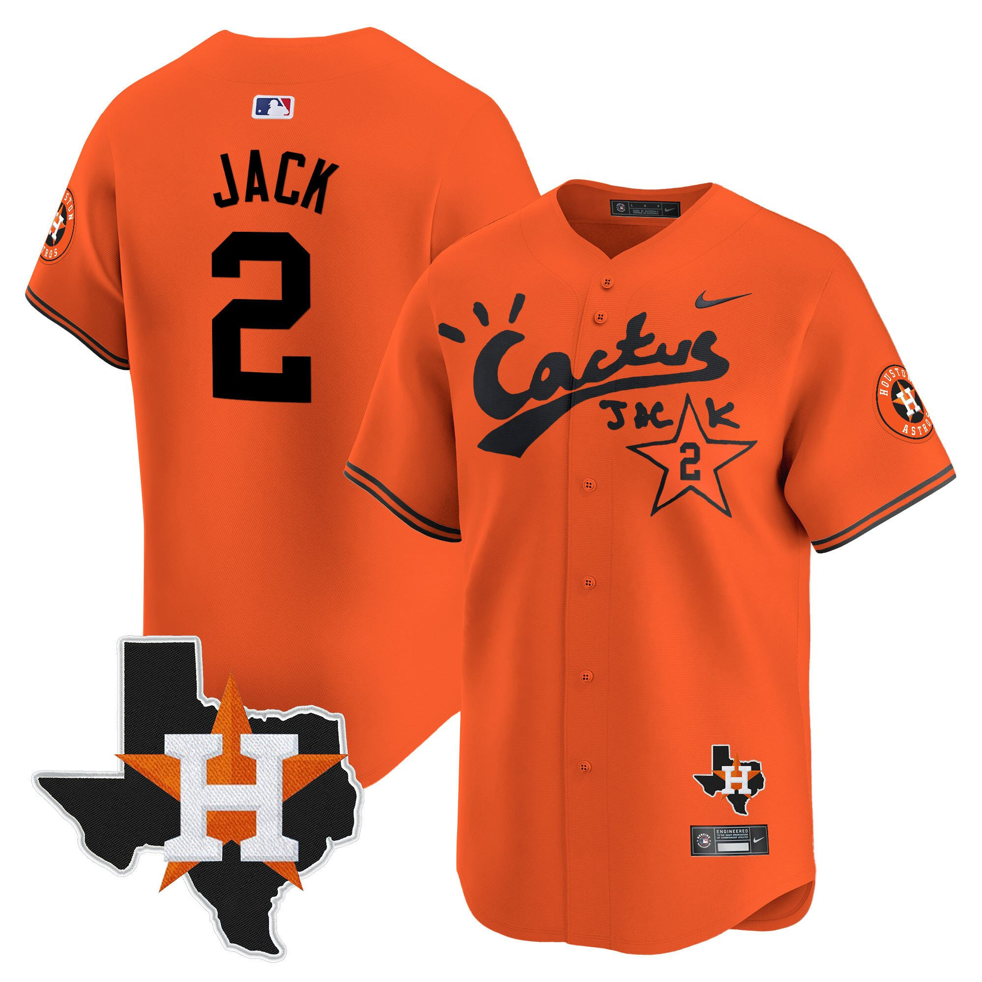 Jack 2 Houston Astros Cactus Jack Houston Patch Orange Limited Jersey - Men
