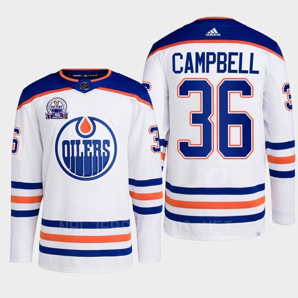 Jack Campbell 36 Edmonton Oilers White Jersey 2022 Lee Ryan Hall Of Fame Patch Away