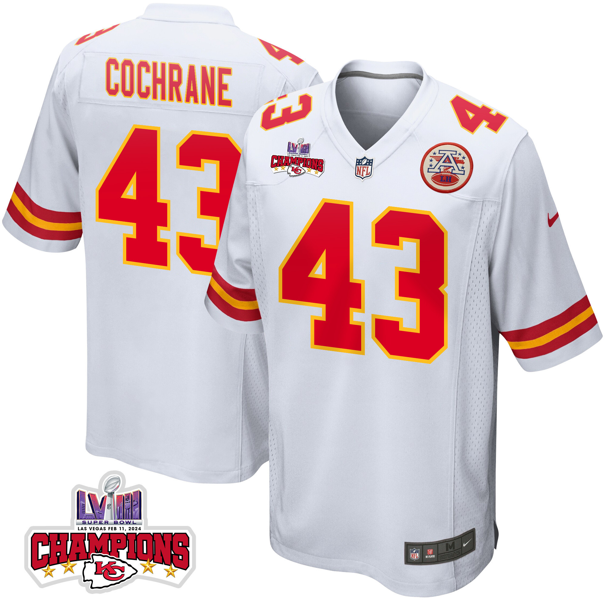 Jack Cochrane 43 Kansas City Chiefs Super Bowl Lviii Champions 4 Stars Patch Game Men Jersey - White Js2592