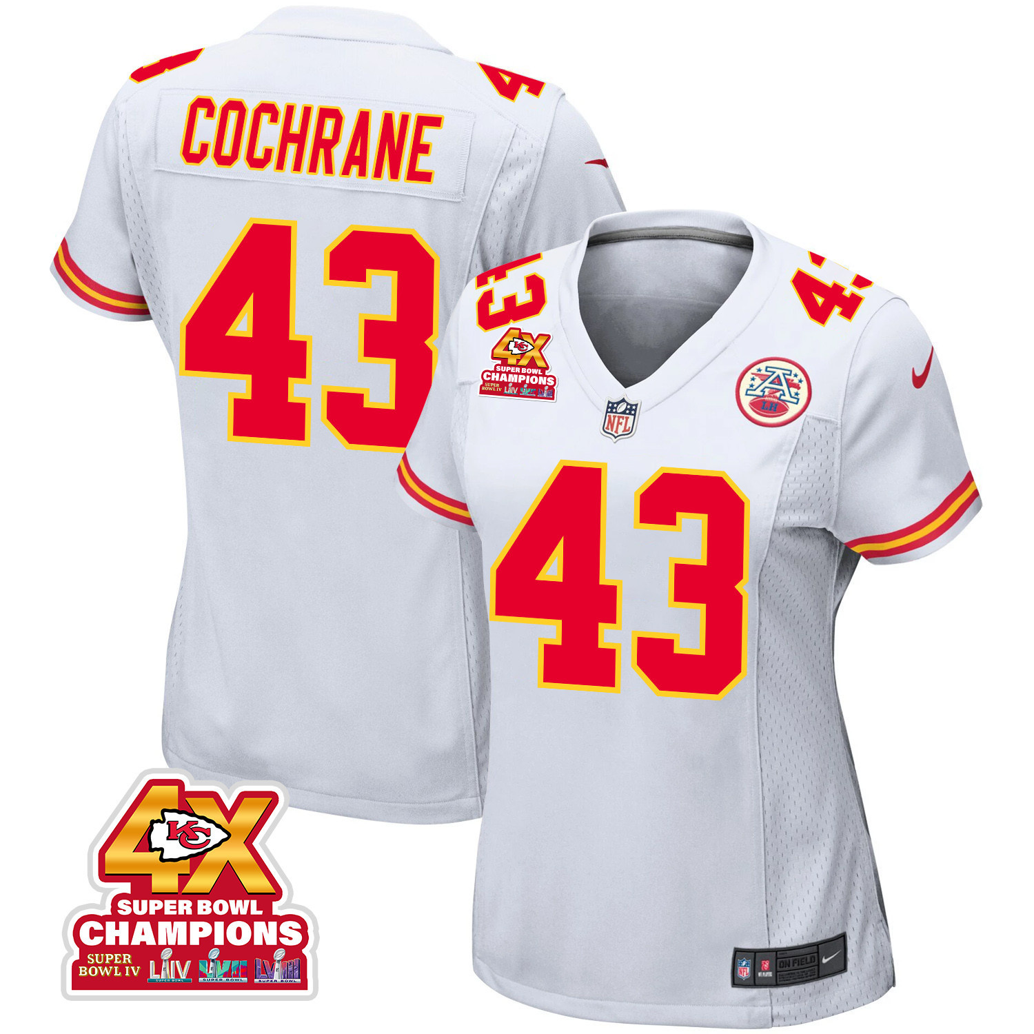 Jack Cochrane 43 Kansas City Chiefs Super Bowl Lviii Champions 4x Game Women Jersey - White Js9834
