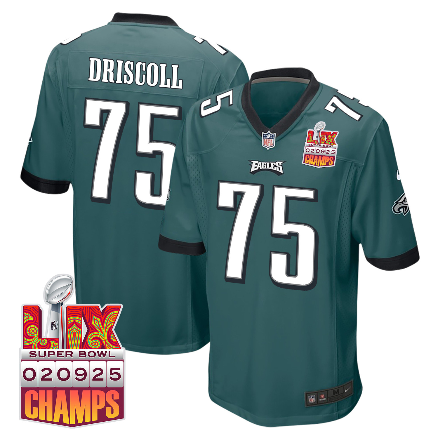 Jack Driscoll 75 Philadelphia Eagles Super Bowl Lix Champions Patch Game Men Jersey - Midnight Green Js4880