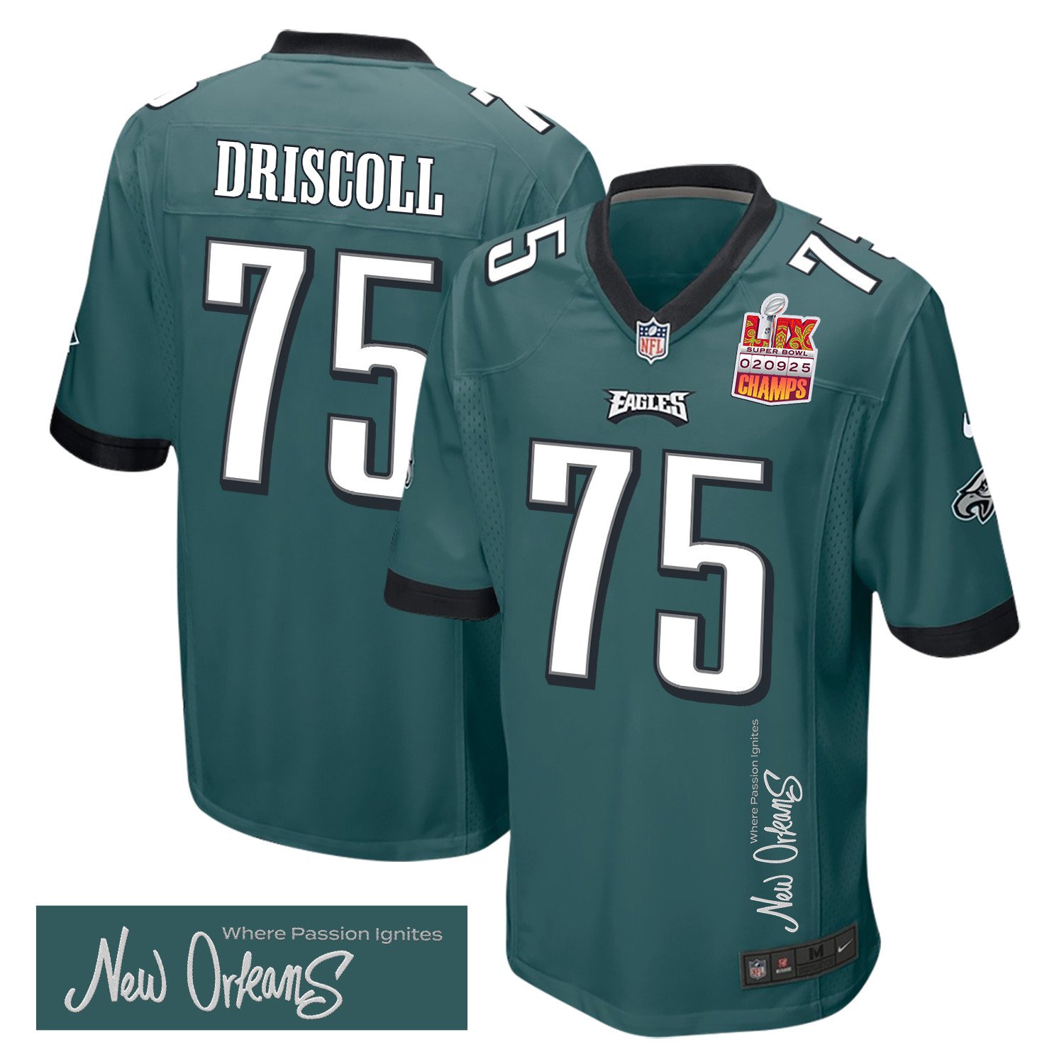 Jack Driscoll 75 Philadelphia Eagles Super Bowl Lix Champions Patch 'new Orleans - Where Passion Ignites' Embroidered Game Men Jersey - Midnight Green Js9436