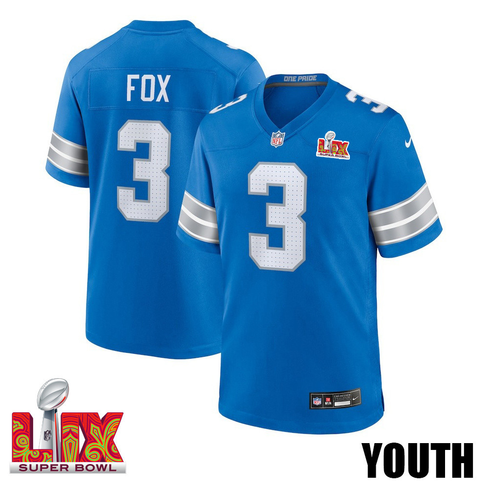 Jack Fox #3 Detroit Lions Super Bowl Lix Youth Jersey - Blue Js4215