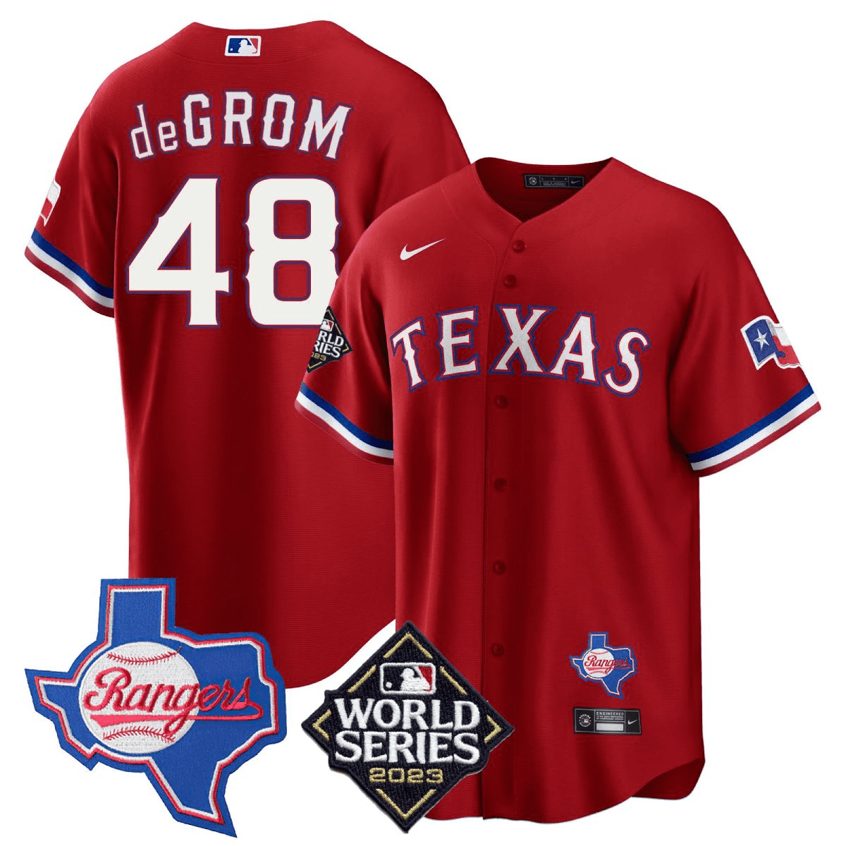 Jacob Degrom 48 Texas Rangers 2023 World Series & Texas State Patch Men Jersey - Red