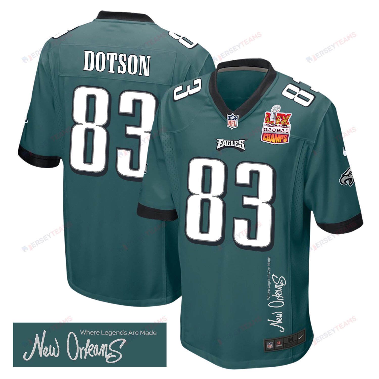 Jahan Dotson 83 Philadelphia Eagles Super Bowl Lix Champions Patch 'new Orleans - Where Legends Are Made' Embroidered Game Men Jersey - Midnight Green Js4080