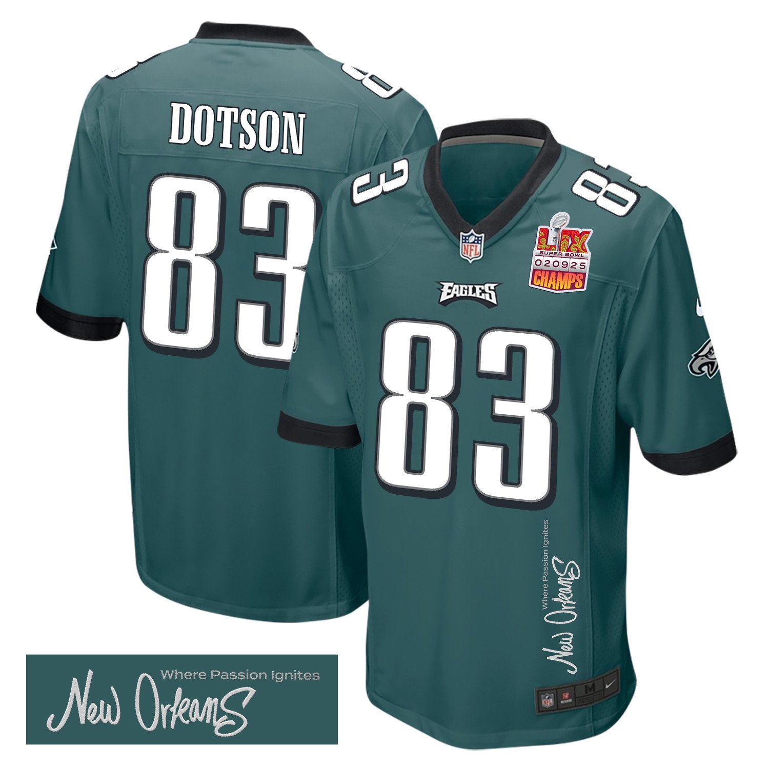 Jahan Dotson 83 Philadelphia Eagles Super Bowl Lix Champions Patch 'new Orleans - Where Passion Ignites' Embroidered Game Men Jersey - Midnight Green Js5459