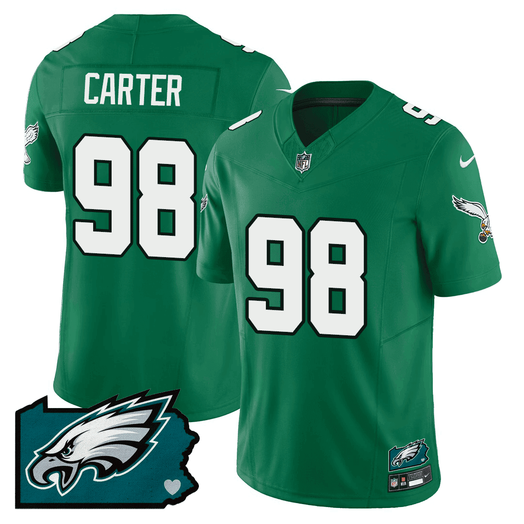 Jalen Carter 98 Philadelphia Eagles Pennsylvania State Map Patch Alternate Game Men Jersey - Kelly Green Js6711