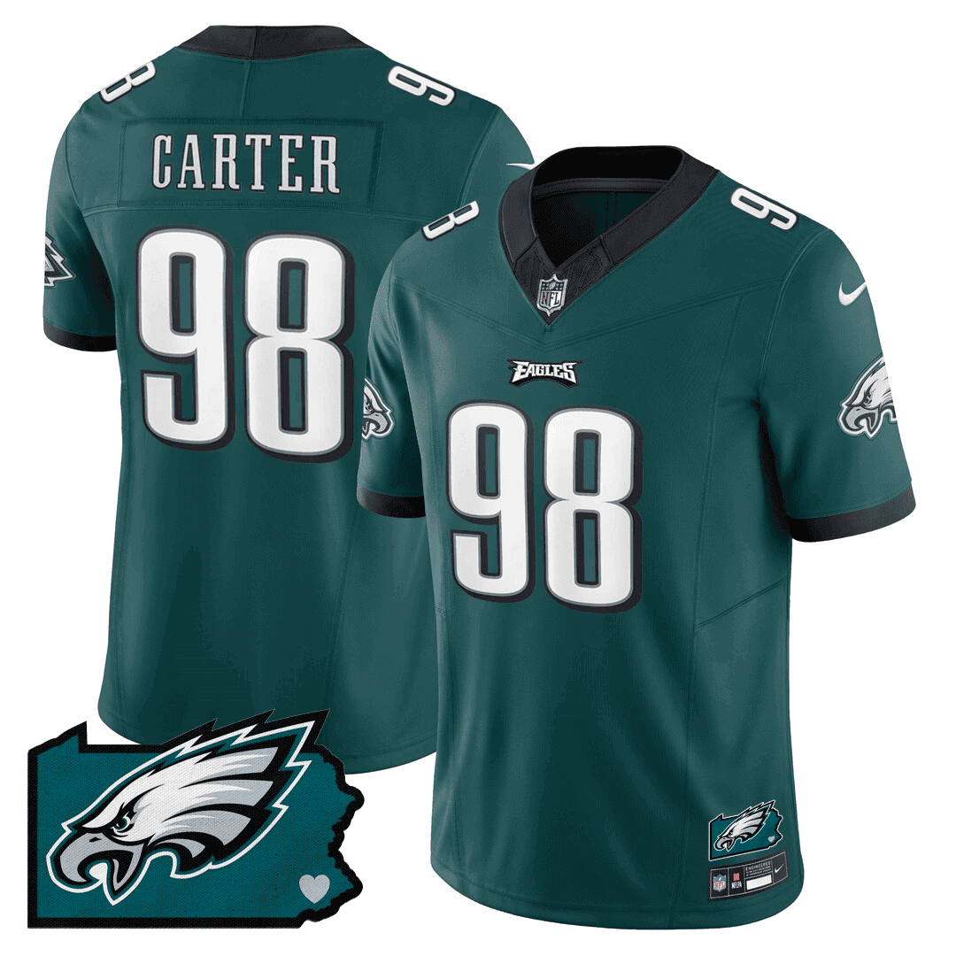Jalen Carter 98 Philadelphia Eagles Pennsylvania State Map Patch Game Men Jersey - Midnight Green Js9671