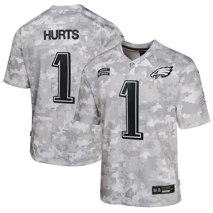 Jalen Hurts 1 Philadelphia Eagles 2024 Salute To Service Game Youth Jersey - Arctic Camo Js6566