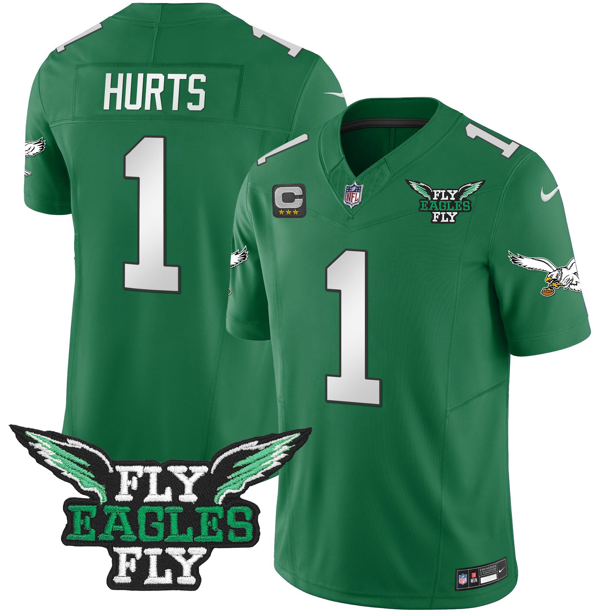 Jalen Hurts 1 Philadelphia Eagles Fly Eagles Fly Patch Alternate Game Men Jersey - Kelly Green Js7640