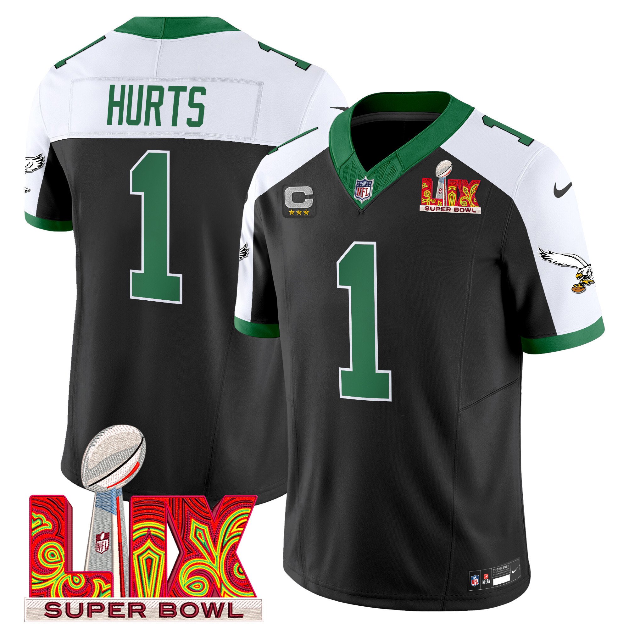 Jalen Hurts 1 Philadelphia Eagles Kelly Green Super Bowl Champions Lix Patch Vapor Limited Jersey - Black Alternate Js5850